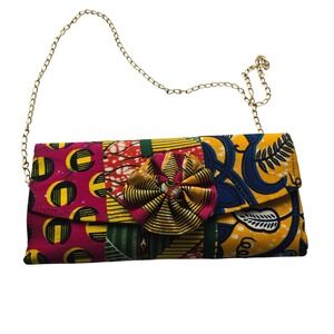 Handmade African Wax Print Patchwork Clutch Bag with Gold Chain Strap Rosette